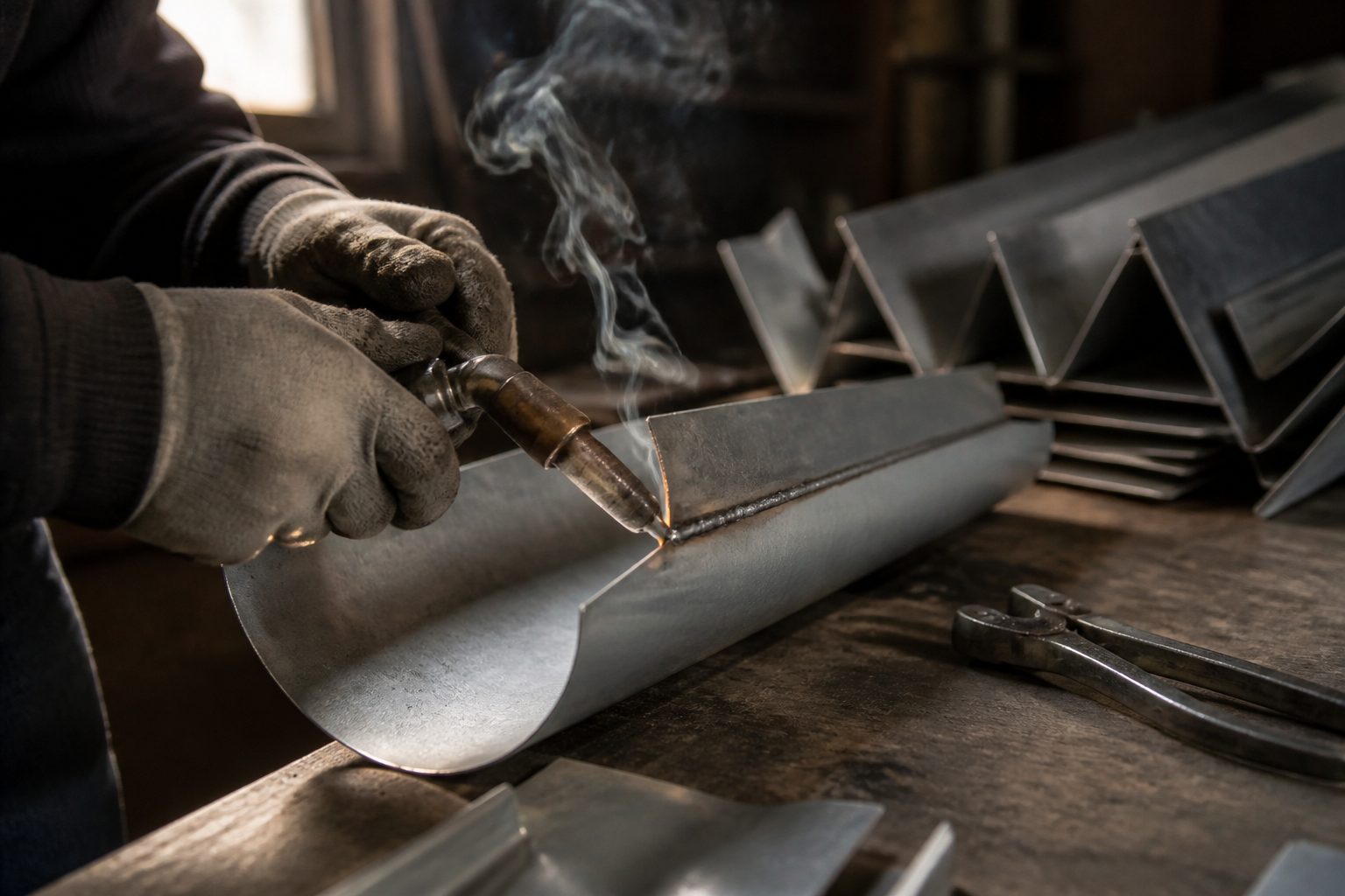 Soudure à l'étain d'une gouttière en zinc à l'atelier